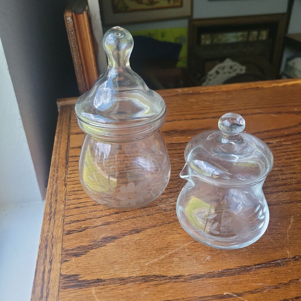 Set Of 2 Vtg Princess House Heritage Glass Condiment Jars and Lids 1970s